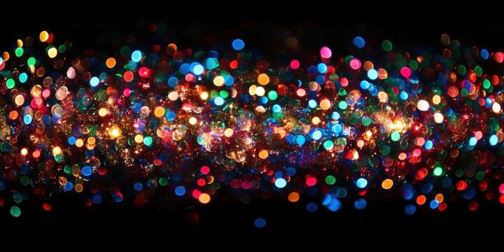 Abstract blurred bokeh lights glowing in colorful hues on a black background. Ideal for a Happy New Year celebration greeting card template or party design