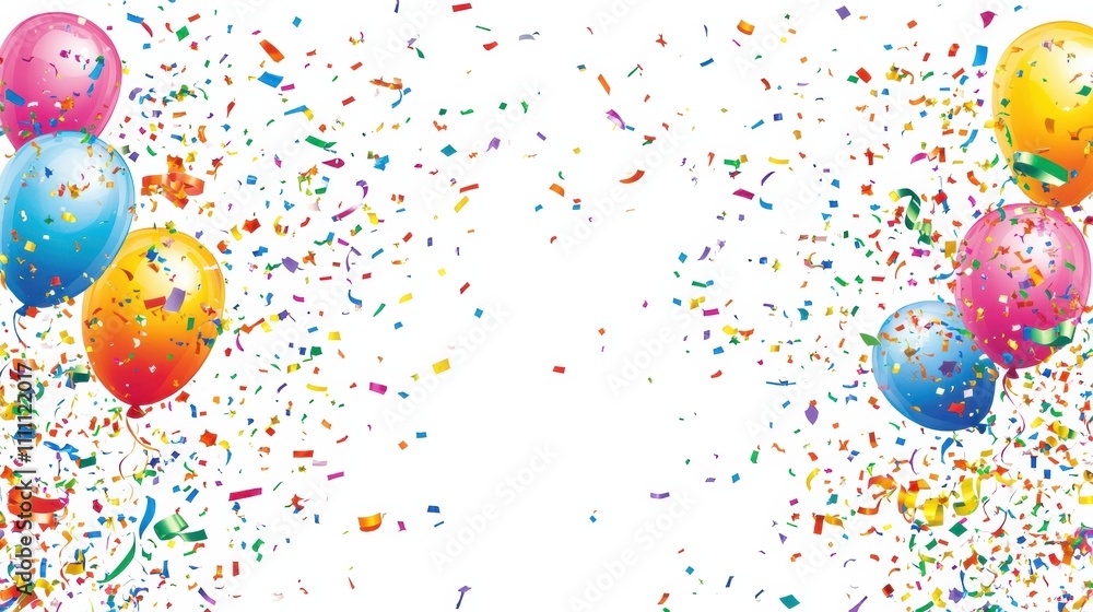 Poster bright balloons in various colors surround scattered confetti on a white background, creating an ide