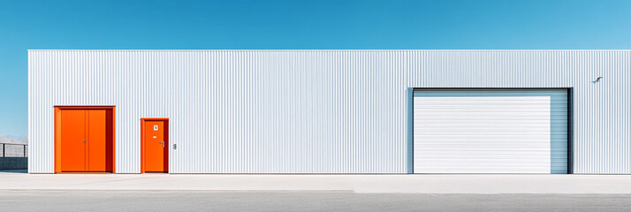 Fototapeta premium Modern Warehouse Exterior Orange Doors White Metal Siding Roller Shutter