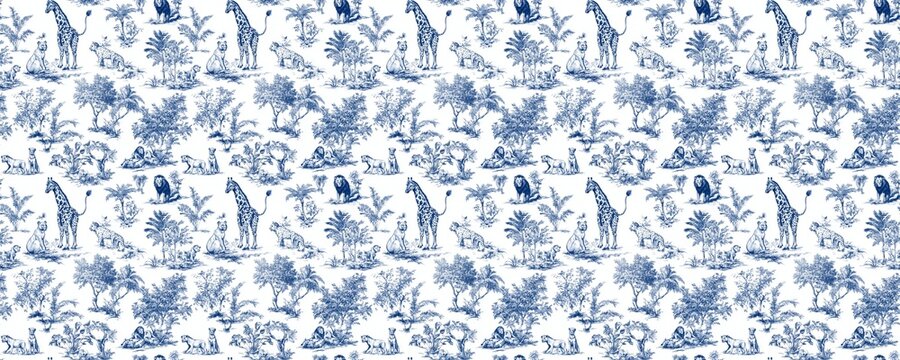 seamless pattern of Safari animals toile pattern blue white elegant design 