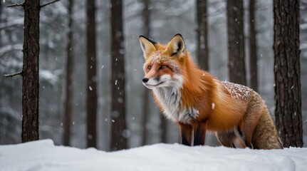 Bright orange fox in a snowy forest