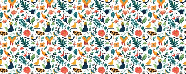 seamless pattern of Vibrant tropical birds flowers  orange teal summer joy 
