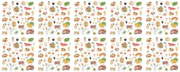 seamless pattern of Delicious food illustrations  brown, orange tones  watercolor style  appetizing meal concept  evokes joy  brunch theme 