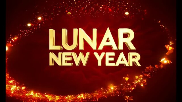 The phrase &ldquo;Lunar New Year&rdquo; in 3D style, written in bold gold letters surrounded by glowing red halos on crimson background with floating particles resembling glowing embers