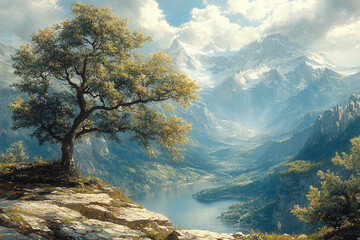 Majestic Mountain Lake Landscape With Solitary Tree