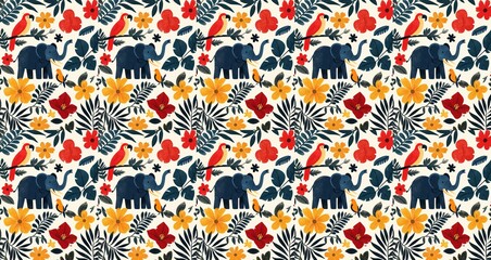 Naklejka premium seamless pattern of Tropical jungle illustration red orange navy blue vibrant summer holiday pattern 