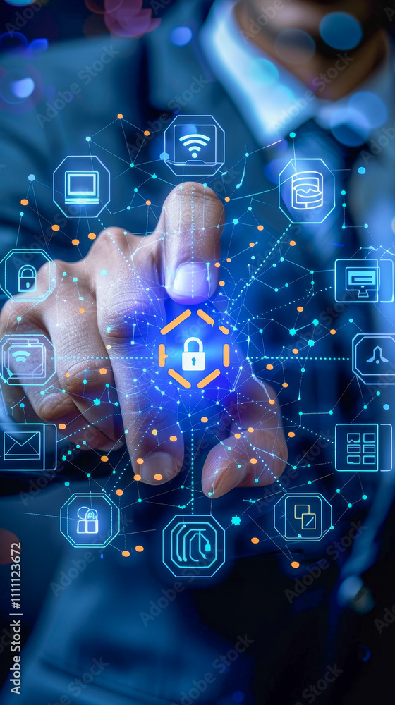 Poster businessman pressing digital cybersecurity button on holographic interface with network icons and da