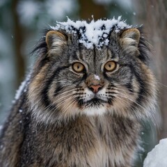 Obraz premium Pallas's cat close-up, snowy forest