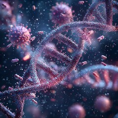 Microscopic view of DNA strand with viruses and bacteria.