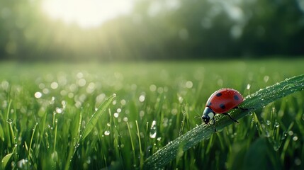 A ladybug is sitting on a leaf in a grassy field