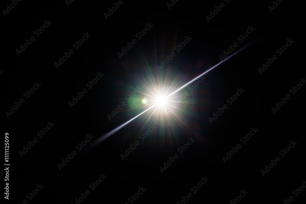 Poster Easy to add lens flare effects for overlay designs or screen blending mode to make high-quality images. Abstract sun burst, digital flare, iridescent glare over black background.