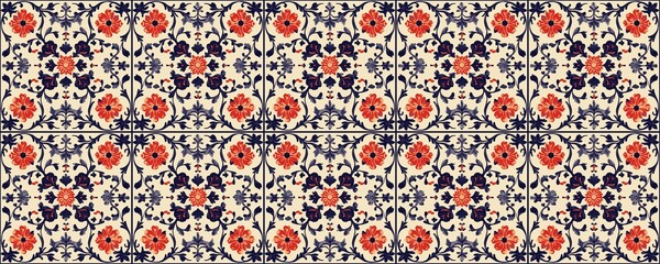 seamless pattern of Elegant red orange navy blue floral tile pattern design vintage style festive decor 
