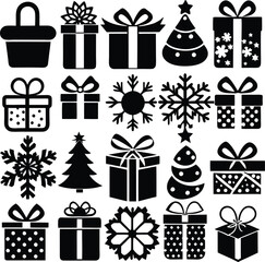 set of line art Christmas gift icon silhouette on white background