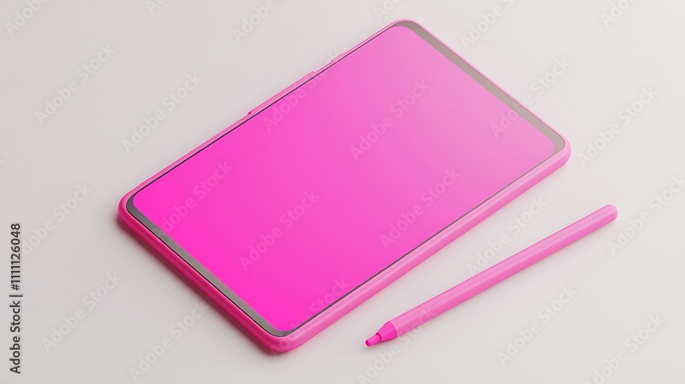 Poster Compact magenta touchscreen device with stylus on a white background, rendered in 3D with an isometric view