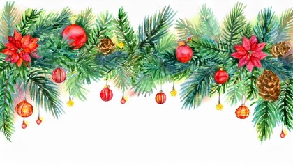 Illustrated watercolor mockup, Christmas theme border, with free space for text. White plane background, fir tree branches on the upper side, red christmas balls, pine cones.