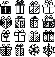 set of line art Christmas gift icon silhouette on white background