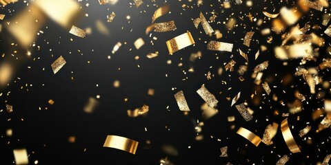 Chic black background with a shower of golden glitter and confetti. Space on the right for text. Trendy, high-quality design for New Year