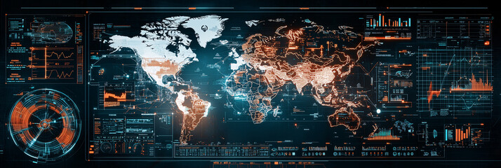 Global control center monitoring world map with futuristic hud interface