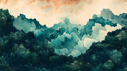 A gradient texture collage of shifting tectonic plates, rolling ocean waves, and lush green forests, merged into a harmonious earth pattern. Tectonic. Illustration