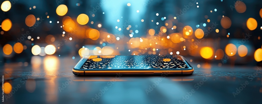 Poster smartphone with glittering screen on a reflective surface with urban bokeh lights in the background.