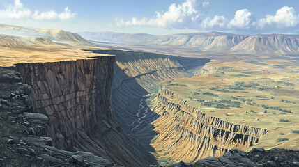 A rift valley, with steep walls and a deep valley floor indicating tectonic forces at work. Tectonic. Illustration