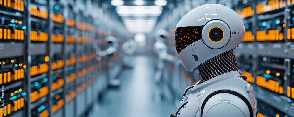 Poster close-up of a humanoid robot with a futuristic design in a data center surrounded by servers.