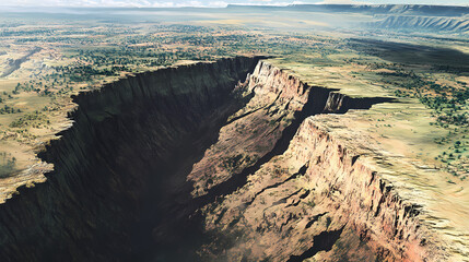 A view of the deep fissures and fault lines cutting through the great rift valley, emphasizing the tectonic forces that created this immense geographical feature. Tectonic. Illustration