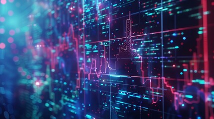 Obraz premium Dynamic bitcoin logo surrounded by colorful stock charts and futuristic holographic elements