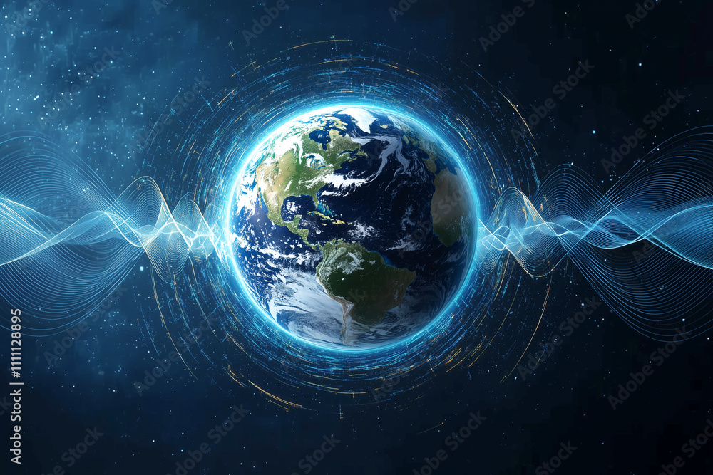 Aufkleber conceptual image of Earth surrounded by dynamic sound waves, symbolizing global communication and connectivity. vibrant blue and green colors highlight planet beauty