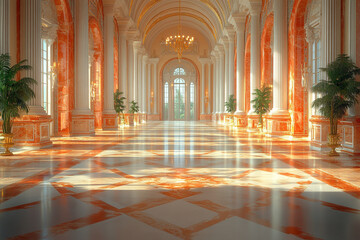 Obraz premium Sunlit Palace Hallway Elegant Marble Columns Plants