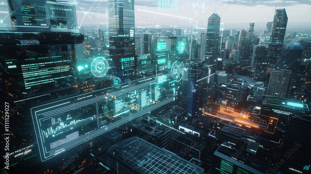 Poster futuristic cityscape with digital overlays showing complex data and technology, featuring skyscrapers and neon lights, creating high tech urban environment