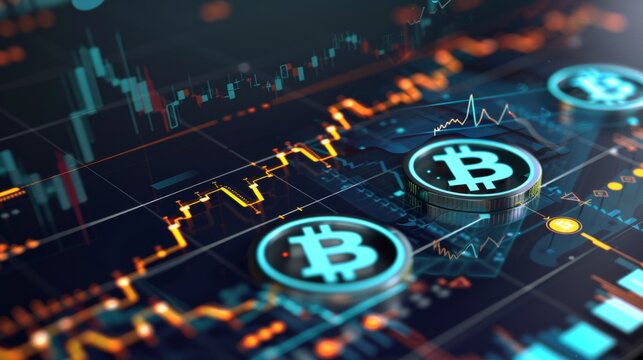 Artistic bitcoin logo overlaying stock market charts illustrating cryptocurrency volatility