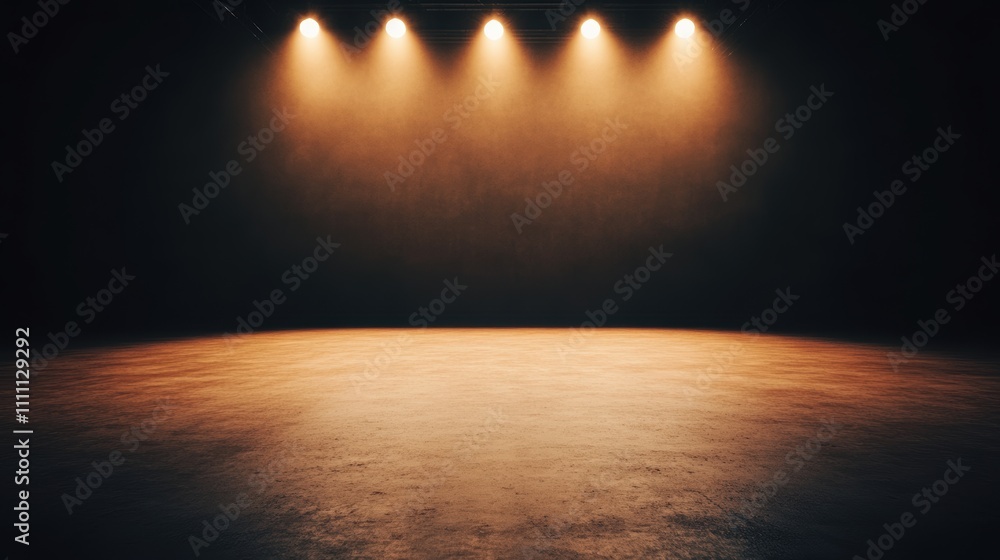 Poster empty stage with warm spotlights illuminating a dark background. abstract studio lighting setup.