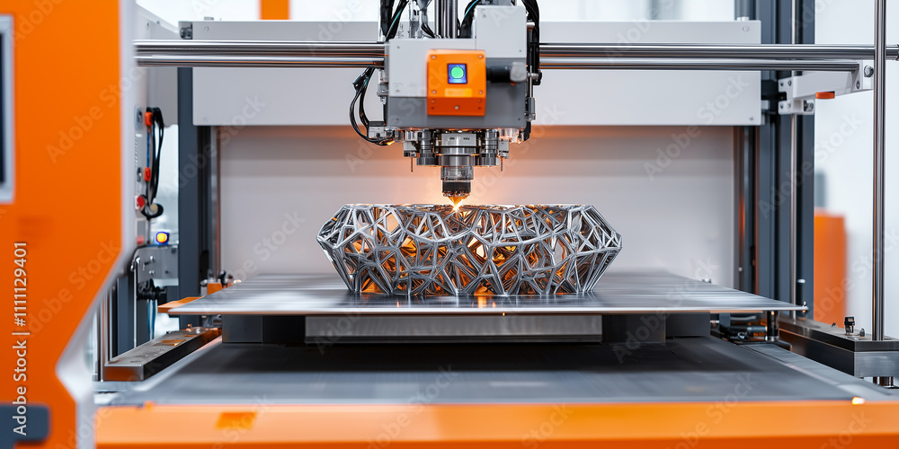 Poster 3d printer creates complex metal structure with precision and innovation, showcasing advanced techno