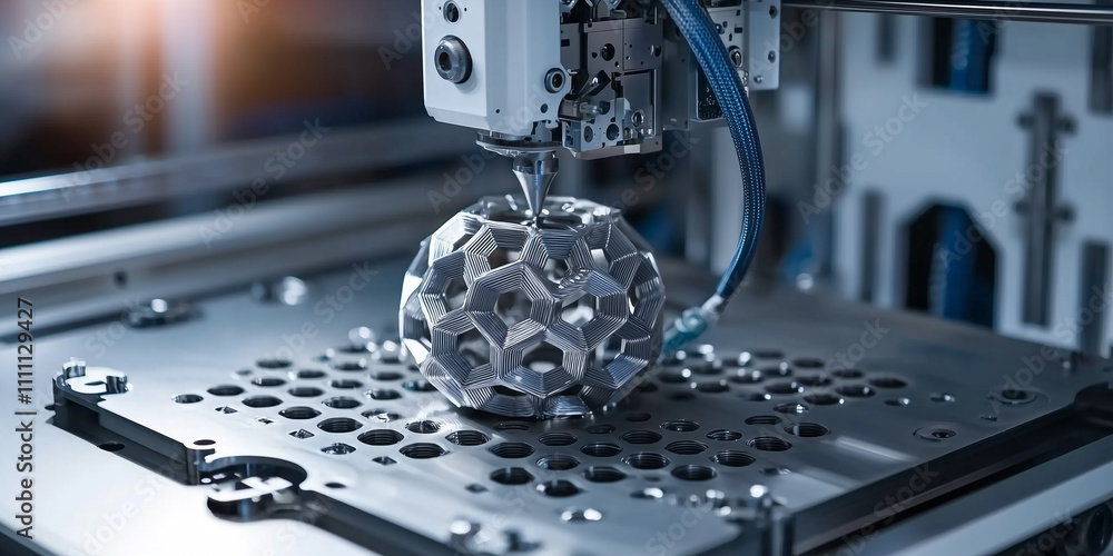 Poster 3D printer creating complex metal structure with precision and innovation