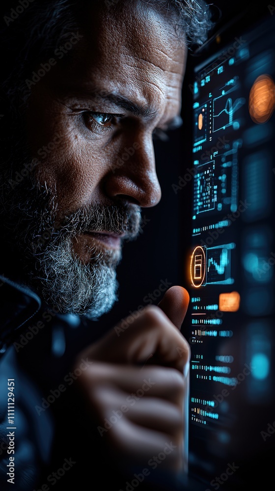 Poster close-up of a man analyzing digital data on futuristic screen with holographic interface.