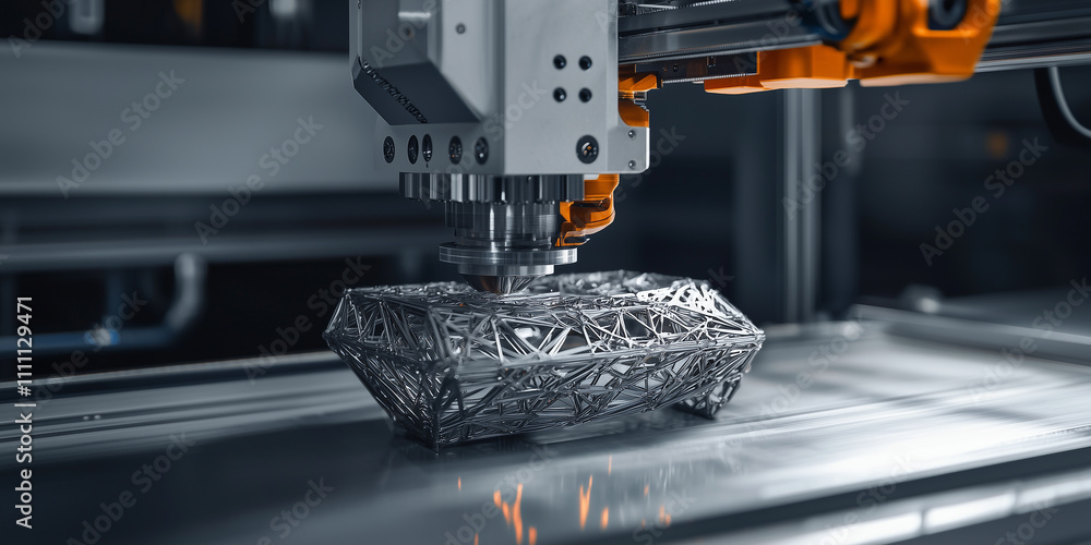Poster 3d printer creates complex metal structure with precision and innovation, showcasing advanced techno