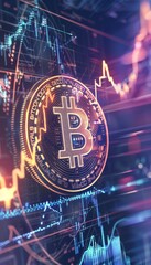 Bitcoin logo against stock market charts  a fusion of financial innovation and high tech elements
