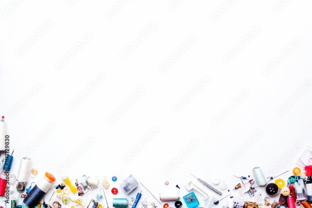 Poster this collection features various sewing essentials like needles, threads, and buttons arranged on a 