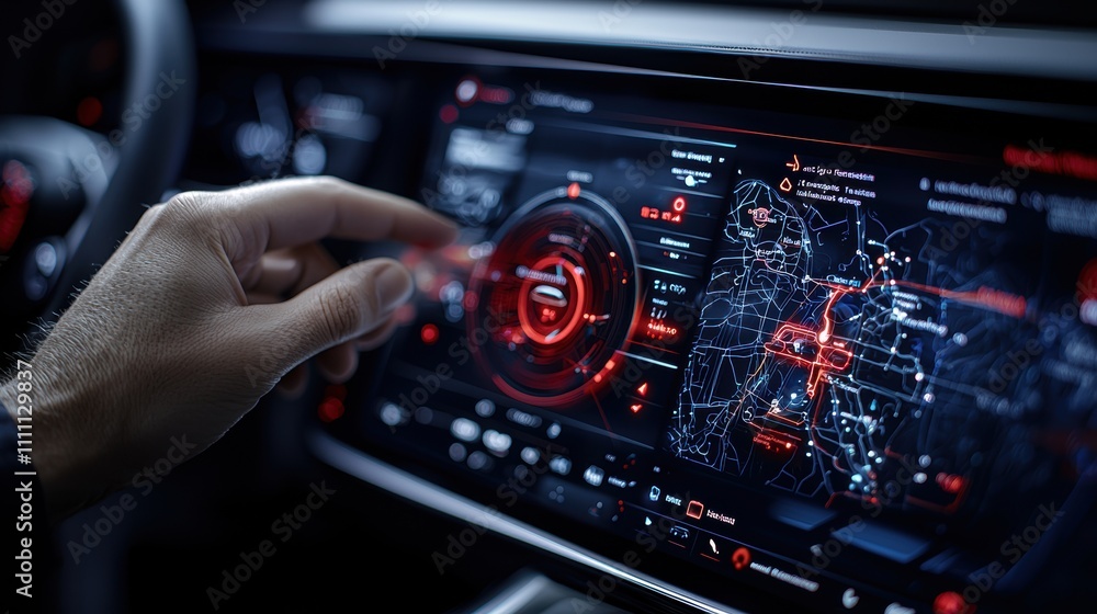 Poster hand using car navigation system with red digital map display. high-tech vehicle dashboard showing r