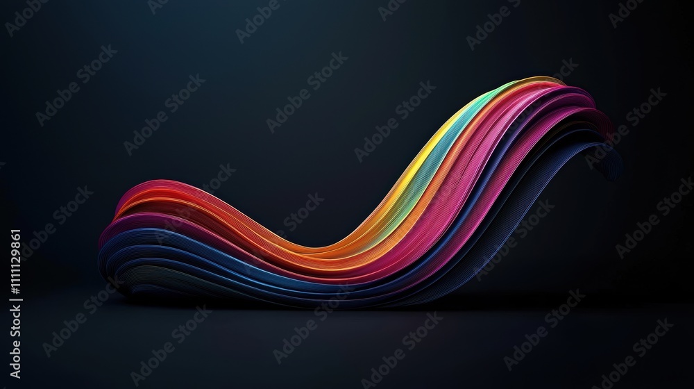 Poster abstract multicolored ribbon with curved layers on a dark background. 3d digital art with vibrant gr
