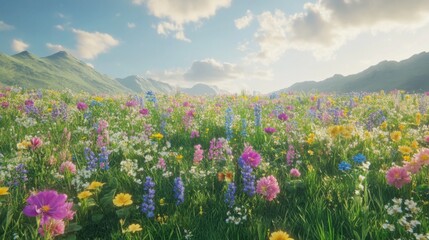 Fototapeta premium Vibrant Wildflowers in a Mountain Meadow Under a Cloudy Sky