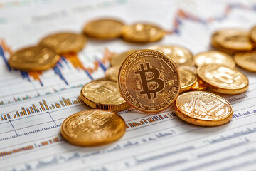 Gold coins with Bitcoin symbol scattered on financial report, illustrating cryptocurrency market trends
