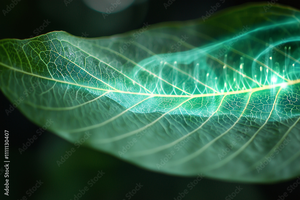 Poster macro shot of leaf surface capturing intricate vein patterns and vibrant green hues, showcasing natu