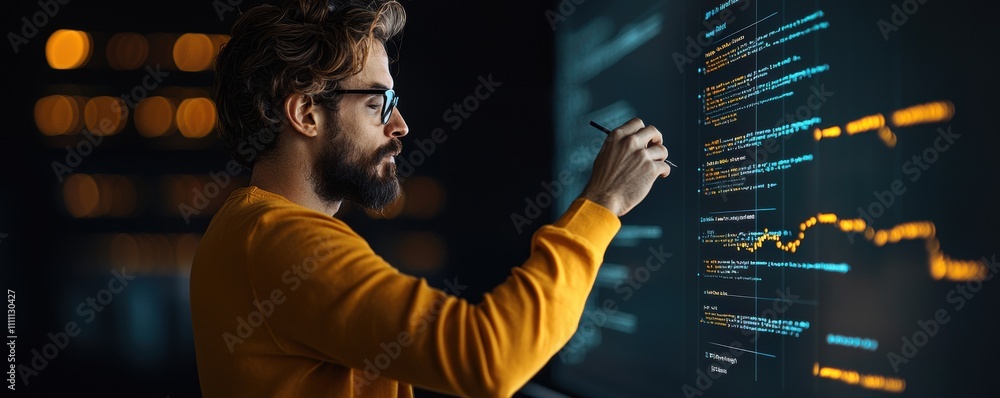 Poster male programmer writing code on an illuminated digital screen in a dark environment. studio photogra