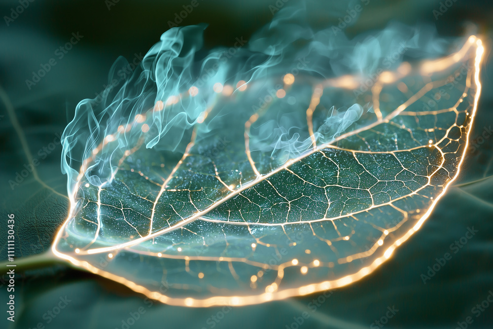 Poster macro shot of leaf surface reveals intricate veins and glowing edges, capturing essence of nature beauty and complexity. ethereal glow adds mystical touch to image
