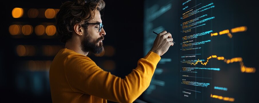 Male programmer writing code on an illuminated digital screen in a dark environment. Studio photography
