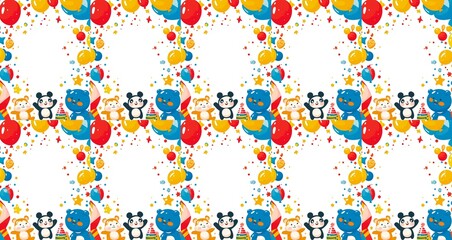 Fototapeta premium seamless pattern of Happy Birthday card template red yellow cartoon animals balloons confetti cheerful festive 
