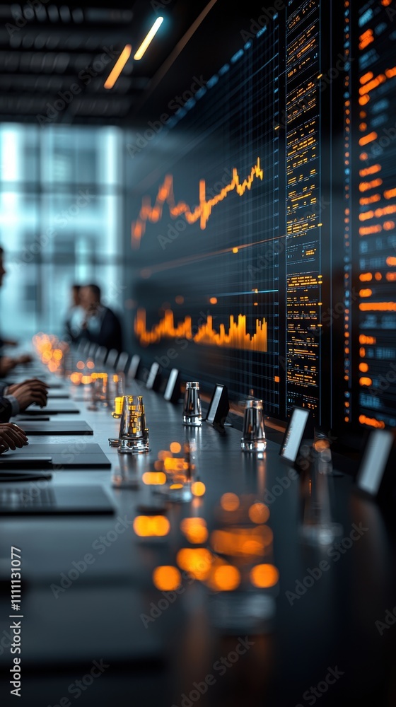Aufkleber modern conference room table with digital trading data and financial graphs displayed on large scree