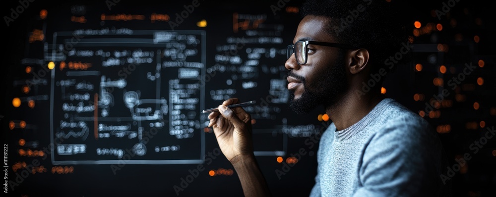 Poster man with glasses holding a pen and looking at a transparent digital interface with charts and diagra